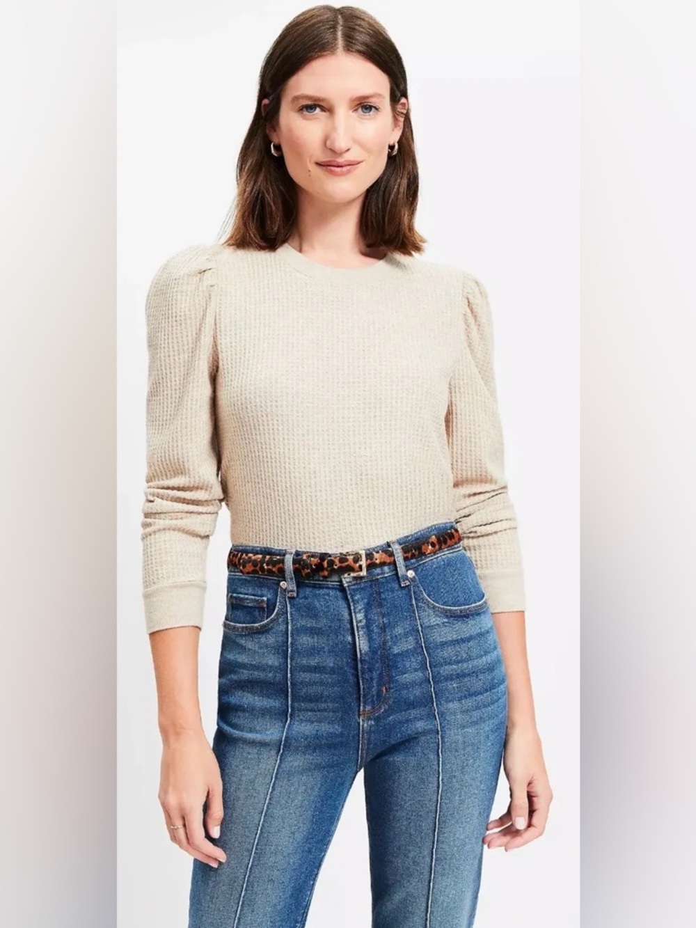 LOFT Petites Beige Waffle Knit Puff Sleeve Top